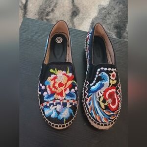 Johnny Was Blue and Black Espadrilles with Whimsical Embroidery